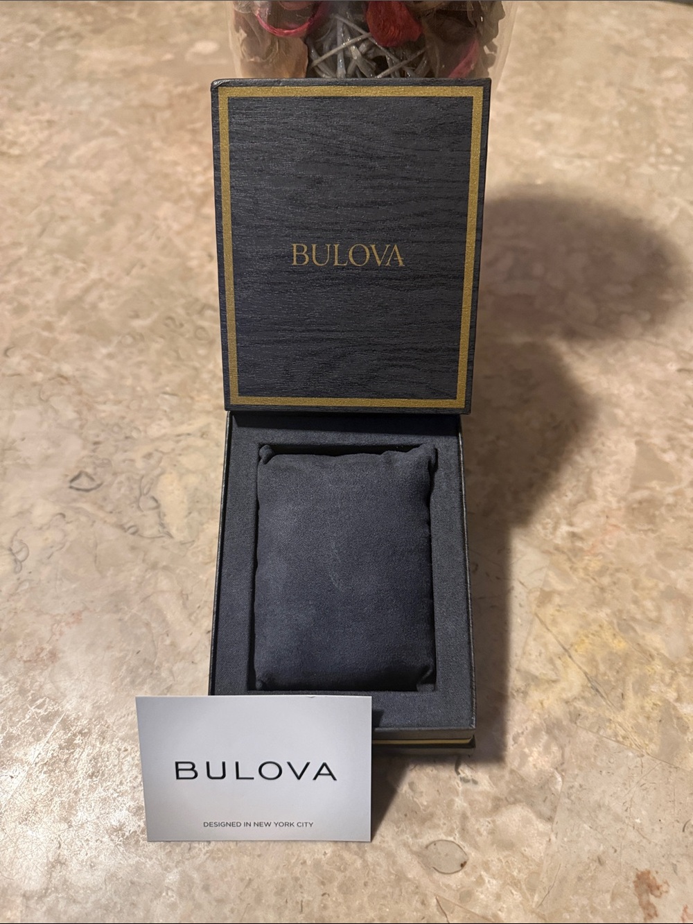 Bulova Navy Box with Gold Trim and Logo
